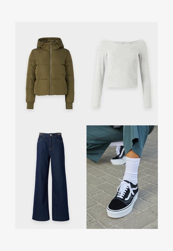 Chaqueta acolchada verde oliva con capucha, cremallera frontal y bolsillos laterales. Presenta puños acanalados y un diseño corto con costuras horizontales.; Top gris de manga larga con diseño de hombro caído, fabricado en una tela suave y ligera, que presenta una silueta simple y elegante.; Los pantalones vaqueros de pierna ancha de denim azul oscuro cuentan con una cintura alta, acentos de cadena dorada en la pretina y detalles de costura en contraste a lo largo de la prenda.; Zapatillas de ante negro con acentos y cordones blancos, que cuentan con una gruesa suela blanca y costuras en contraste, combinadas con un calcetín blanco.