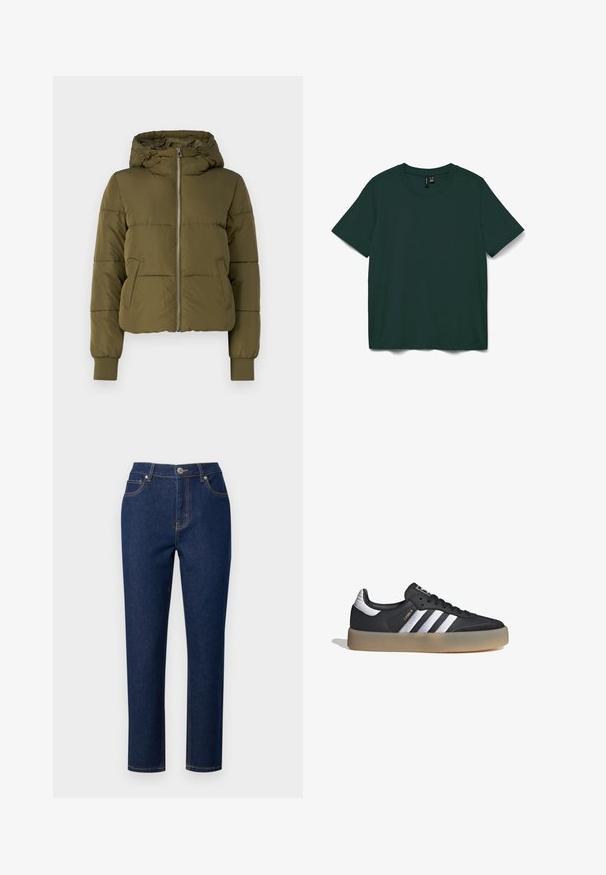 Chaqueta acolchada verde oliva con capucha, cremallera frontal y bolsillos laterales. Presenta puños acanalados y un diseño corto con costuras horizontales.; Camiseta de manga corta de color verde oscuro, hecha de tela suave. Presenta un cuello redondo y un diseño simple y recto. Sin patrones ni adornos.; Jeans de denim azul oscuro con un corte recto, que presentan una cremallera, cierre de botón y costuras decorativas en los bolsillos y costuras.; Zapatilla deportiva de cuero negro con tres rayas plateadas, punta texturizada y suela de goma. Cuenta con un collar acolchado y un diseño con cordones.