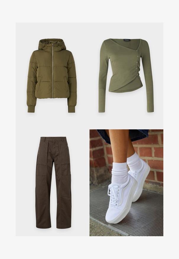 Olivgrüne gepolsterte Jacke mit Kapuze, Frontreißverschluss und seitlichen Taschen. Verfügt über gerippte Bündchen und ein verkürztes Design mit horizontalen Nähten.; Langärmliges, olivgrünes Oberteil aus geripptem Stoff. Verfügt über ein drapiertes Design mit einem V-Ausschnitt und Knöpfen an den Seiten entlang des überlappenden Saums.; Braune Cargo-Hosen aus robustem Stoff, mit mehreren Taschen, einer lockeren Passform und auffälligen Nähdetails für Langlebigkeit.; Weiße Leinensneaker mit Gummisohlen, ausgestattet mit sechs Ösen, runder Zehenpartie und dezenten Nähten, kombiniert mit weißen Knöchelsocken.