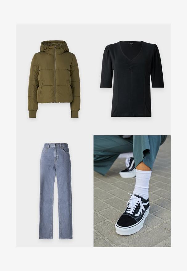 Chaqueta acolchada verde oliva con capucha, cremallera frontal y bolsillos laterales. Presenta puños acanalados y un diseño corto con costuras horizontales.; Top negro de manga corta con escote en V, que presenta detalles fruncidos en el centro delantero y una tela suave y elástica.; Jeans de mezclilla a rayas con un diseño de pierna recta, que cuentan con un cierre de botón y cremallera, cinco bolsillos y un ligero desgaste en el color.; Zapatillas de ante negro con acentos y cordones blancos, que cuentan con una gruesa suela blanca y costuras en contraste, combinadas con un calcetín blanco.