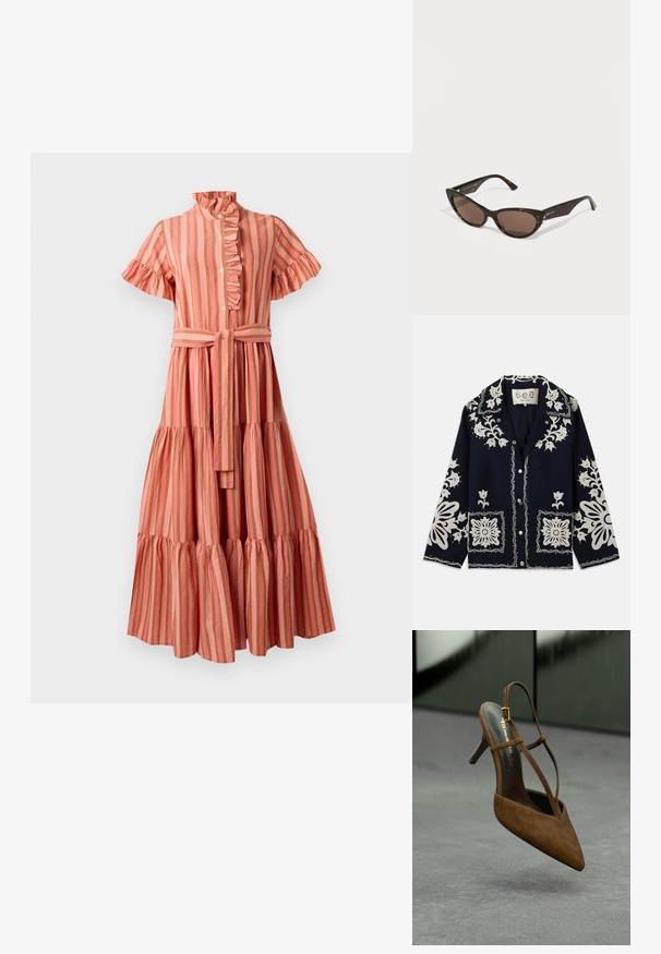 Veste marine avec broderies florales blanches, poches carrées et fermeture à boutons. Le matériau semble texturé et durable, avec un design de col classique.; Robe midi rayée en rose et beige, avec un col à volants, des manches courtes, un devant boutonné et une taille ceinturée avec une jupe à volants.; Sandale à talons hauts en daim marron avec un embout pointu, de fines lanières autour de la cheville et une accent en boucle dorée. Design simple, surface texturée.; Lunettes de soleil écaille de tortue avec un design œil de chat. Verres marron, branches fines et finition brillante. Logo de marque notable sur la branche.