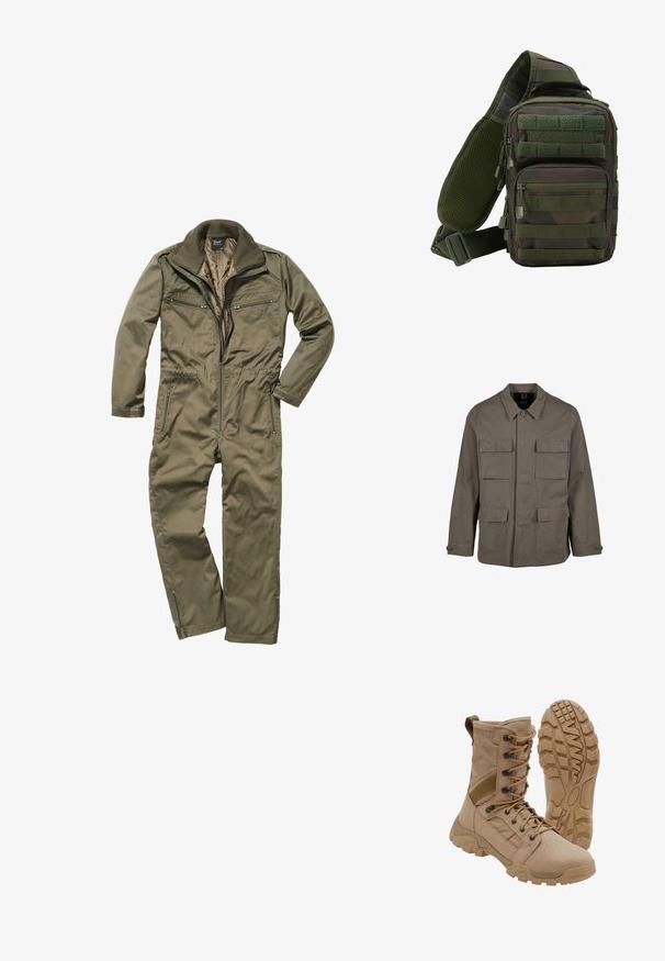 Khaki utilityjack in een katoenmix, met een rechte snit, twee borstzakken en knoopsluitingen op de mouwen. Soepele textuur en een minimalistisch ontwerp.; Olijfgroene jumpsuit gemaakt van duurzaam weefsel, met een ritssluiting aan de voorkant, geribde kraag en meerdere met rits afsluitbare zakken op de borst en zijkanten.; Tan tactische laars met veterontwerp tot aan de enkel en stevige rubberen zool, één laars rechtopstaand en één die het profielpatroon toont.; Groene camouflage schoudertas met meerdere ritszakken, een verstelbare schouderband en een mesh achterpaneel voor ventilatie.