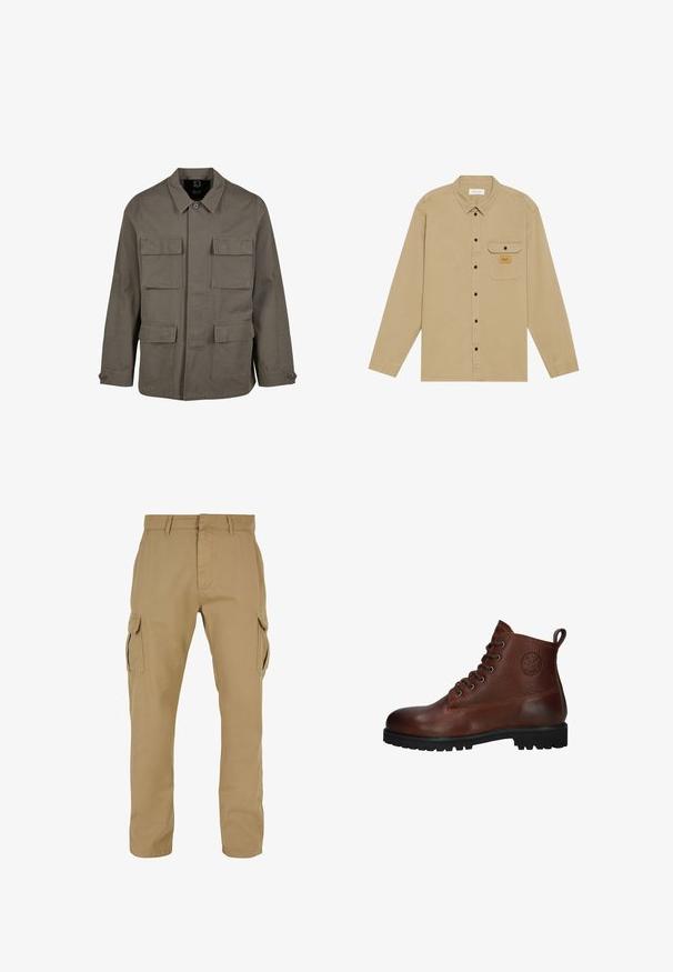 Khaki utilityjack in een katoenmix, met een rechte snit, twee borstzakken en knoopsluitingen op de mouwen. Soepele textuur en een minimalistisch ontwerp.; Beige lange mouw shirt van katoen, met een button-down kraag, zwarte knopen, een borstzak en een merketiket op de zak.; Beige cargobroek met twee zijzakken, rechte pijpdesign, gemaakt van duurzaam materiaal, met stikseldetails en riemlussen.; Bruine leren enkelboot met een gestructureerd oppervlak, zes veterogen, een zwarte rubberen zool en een lus voor gemakkelijk aan- en uittrekken.