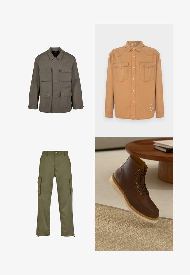Khaki utiliidisjakker puuvillasegust, sirge lõikega, kahe rinna-tasku ja nööbiga mansettidega. Sile tekstuur ja minimaalne disain.; Pruun teksasärk kahe rinnatasku, terava krae, nööpidega esikülg ja kontrastse õmblusega. Omab logomärki ja aasdetaili.; Oliivroheline cargo-püksid sirge lõikega, kahe küljetasku ja lukudetailidega pahkluude juures. Valmistatud vastupidavast kangast.; Pruun nahkane pahkluu saabas beeži tallaga tekstuurse beeži vaiba peal, ümmarguse puust laua kõrval, mille peal on kokku pandud raamatud.