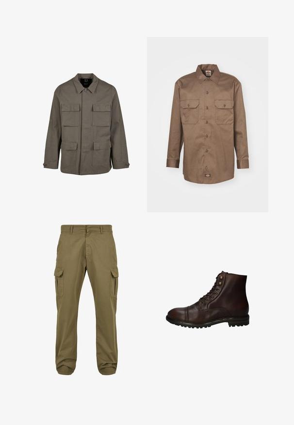Khaki utiltaakkari puuvillasekoitteesta, suoralinjaisella leikkauksella, kahdella rintataskulla ja nappilukoilla hihansuissa. Sileä pinta ja minimalistinen muotoilu.; Dickies WORK SHIRT - Vapaa-ajan kauluspaita - mushroom; Vihreät cargo-housut suora istuvuus, puuvillamateriaali, sivutaskut ja nappikiinnitys toiminnallisuutta varten. Sujuva tekstuuri, rento muotoilu.; Tummanruskea nahkasaapas, jossa on mustat nauhat ja kova kumipohja, nähtynä ulkopuolelta.