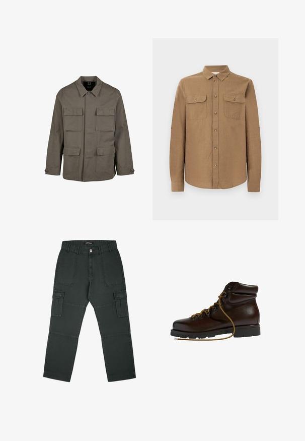 Khaki utilityjakke i bomuldsblanding, med lige snit, to brystlommer og knaplukninger på ærmerne. Glat tekstur og minimalistisk design.; Langærmet brun skjorte med knapper, krave og to brystlommer foran, vist på en ensartet lysegrå baggrund.; Cargo bukser i mørkegrøn, lavet af slidstærkt stof. Har to frontlommer og to sidelommer med klap og trykknap-lukninger.; Brun læder vandrestøvle med en afrundet tå, tekstureret overflade, gule snørebånd og metaløjer. Har en robust sort gummisål.