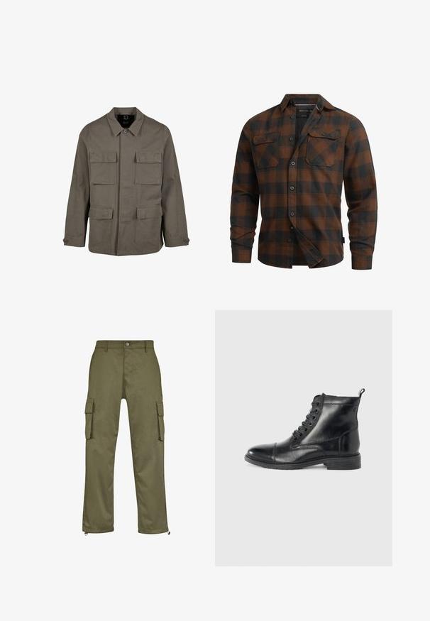 Khaki utilityjack in een katoenmix, met een rechte snit, twee borstzakken en knoopsluitingen op de mouwen. Soepele textuur en een minimalistisch ontwerp.; Bruin-zwart geblokt overhemd van flanel met knopen. Heeft twee borstzakken, zwarte knopen en een omgeslagen kraag.; Olijfgroene cargobroek met een rechte snit, twee zijzakken en ritsdetails bij de broekspijpen. Gemaakt van duurzame stof.; Zwarte leren enkellaars met een ronde neus, zes oogjes voor vetersluiting, textuurafwerking en een lage blokhak.