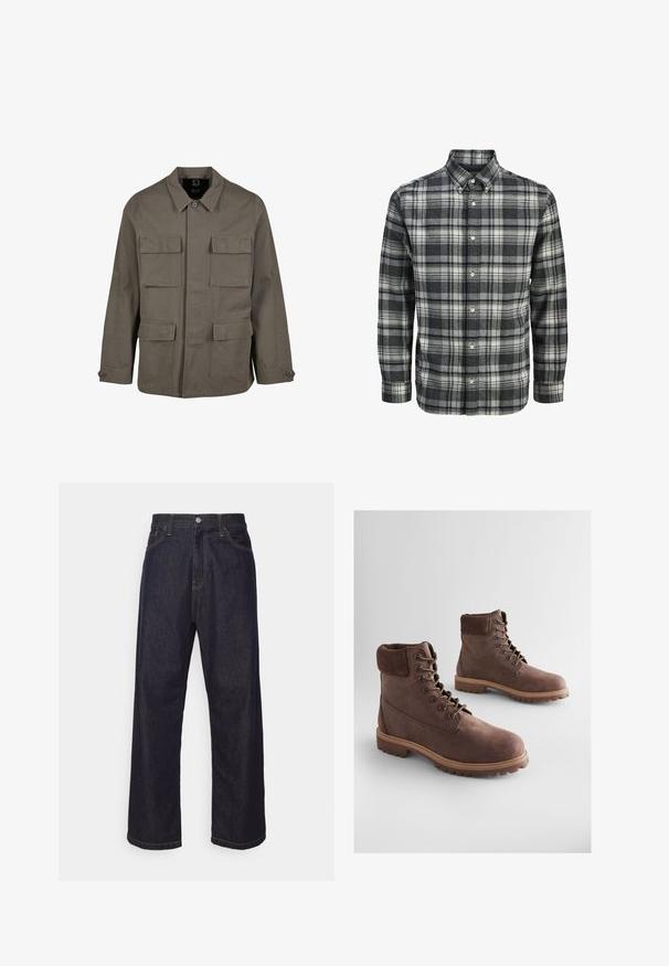 Khaki utilityjakke i bomuldsblanding, med lige snit, to brystlommer og knaplukninger på ærmerne. Glat tekstur og minimalistisk design.; Langærmet, ternet skjorte med knapper i sort, grå og hvid, med rundet krave og blød flanneltekstur.; Mørkeblå lige ben denim jeans med gul syning, frontknap, lynlås og fem-lommer design.; Brune læderankelstøvler med tekstureret finish, polstret krave, metaldyser og robust gummisål. Stilfuldt design for holdbarhed.