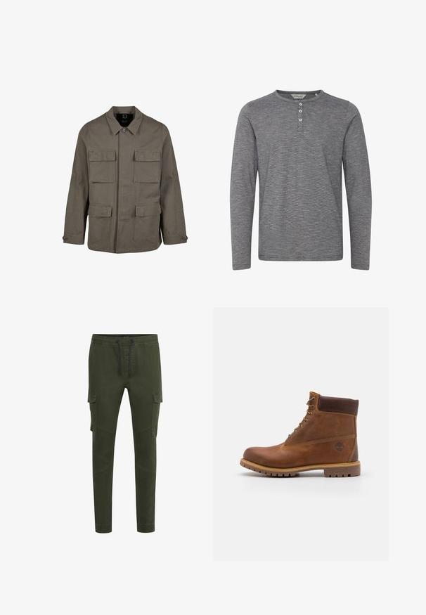 Veste utilitaire kaki en mélange de coton, avec une coupe droite, deux poches poitrine et des fermetures à boutons aux manches. Texture lisse et design minimal.; T-shirt henley gris à manches longues en tissu doux, avec un col rond, un devant à trois boutons et une texture subtile.; Pantalons cargo vert olive avec taille élastique et cordon de serrage, avec poches latérales, chevilles fuselées et une texture de tissu lisse et durable.; Botte de randonnée en cuir marron avec une finition lisse, cheville rembourrée, œillets en métal et semelle en caoutchouc dotée d'un motif de crampons robuste.