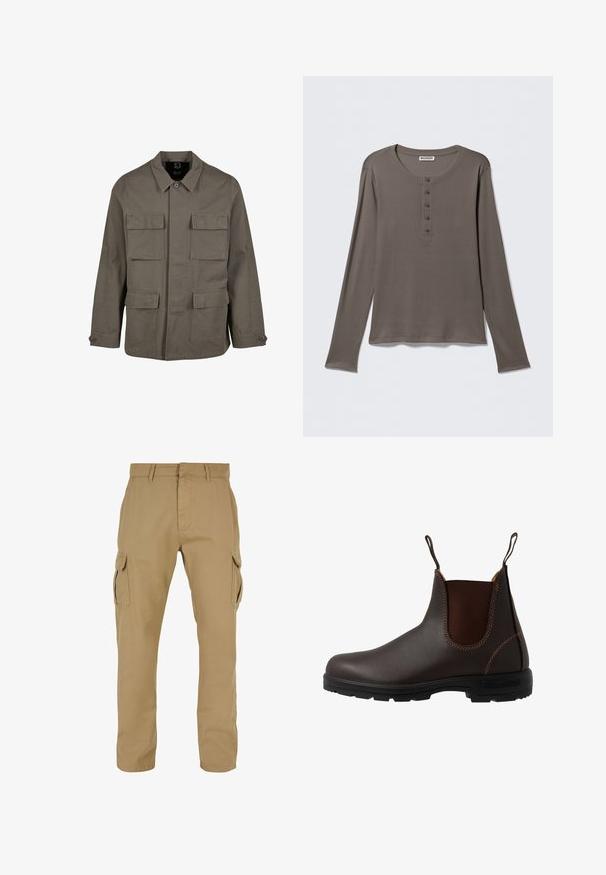 Veste utilitaire kaki en mélange de coton, avec une coupe droite, deux poches poitrine et des fermetures à boutons aux manches. Texture lisse et design minimal.; Chemise henley grise à manches longues avec cinq boutons et encolure ronde, présentée sur un fond blanc uni.; Pantalons cargo beiges avec deux poches latérales, conception à jambe droite, fabriqués en tissu durable, avec des détails de couture et des passants de ceinture.; Botte Chelsea en cuir marron avec panneau latéral élastique, coutures marron, languettes de tirage, et une semelle en caoutchouc durable avec un motif texturé.