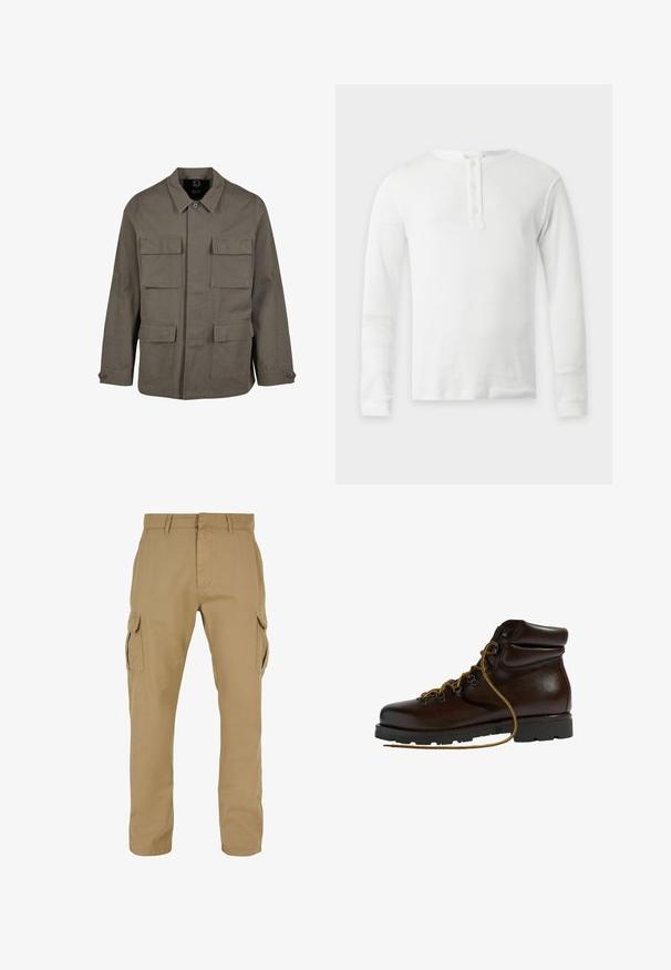 Veste utilitaire kaki en mélange de coton, avec une coupe droite, deux poches poitrine et des fermetures à boutons aux manches. Texture lisse et design minimal.; T-shirt thermique blanc à manches longues avec col rond et patte de boutonnage à trois boutons, présenté à plat sur fond clair.; Pantalons cargo beiges avec deux poches latérales, conception à jambe droite, fabriqués en tissu durable, avec des détails de couture et des passants de ceinture.; Bottine de randonnée en cuir marron avec un bout arrondi, surface texturée, lacets jaunes et œillets en métal. Dotée d'une semelle en caoutchouc noir robuste.
