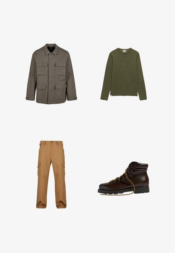 Khaki utilityjack in een katoenmix, met een rechte snit, twee borstzakken en knoopsluitingen op de mouwen. Soepele textuur en een minimalistisch ontwerp.; Olijfgroen henley-shirt met lange mouwen, vier zwarte knopen en een ronde hals, weergegeven op een witte achtergrond.; Bruine cargobroek gemaakt van duurzaam materiaal, met meerdere zakken, een relaxte pasvorm en versterkte stikseldetails.; Bruine leren wandelschoen met een ronde neus, gestructureerd oppervlak, gele veters en metalen oogjes. Heeft een robuuste zwarte rubberen zool.