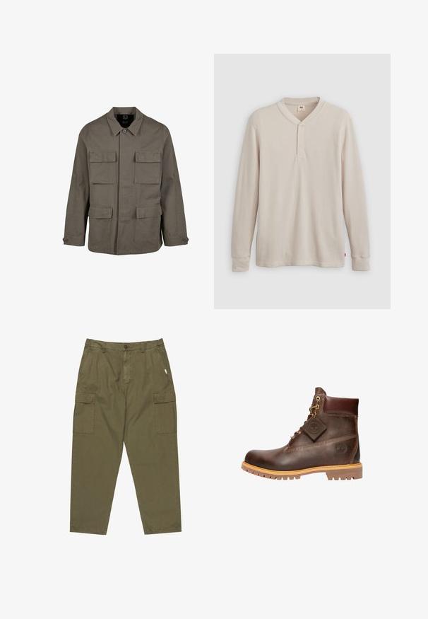 Khaki utiltaakkari puuvillasekoitteesta, suoralinjaisella leikkauksella, kahdella rintataskulla ja nappilukoilla hihansuissa. Sileä pinta ja minimalistinen muotoilu.; Pitkähihaine henley-paitaa vaaleanbeige ribbikankaasta, jossa on V-pääntie, kolmesta nappia koostuva nappilista ja hihoissa resorit. Punainen logonauha helman kohdalla.; Olivevihreät cargo-housut, jotka on valmistettu puuvillasta. Housuissa on nappi etuosassa, sivutaskut ja kaksi suurta cargo-taskua reiden kohdalla.; Ruskean nahkaiset nilkkasaappaat, joissa on pyöreä kärki, kestävä pohja, kultasävyinen metalliosuus ja teksturoitu pinta. Mukana on logotagi.