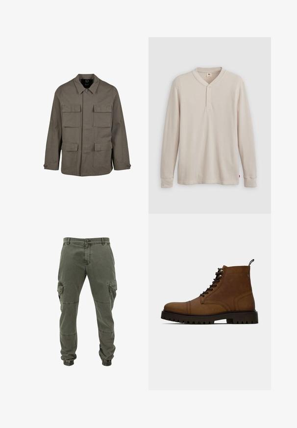 Khaki utiliidisjakker puuvillasegust, sirge lõikega, kahe rinna-tasku ja nööbiga mansettidega. Sile tekstuur ja minimaalne disain.; Pikad varrukad henley särk heledast beežist ribakudumist, millel on V-kaelus, kolme nupuga sulgemine ja kollased varrukad. Punane logo sildike ääres.; Oliivrohelised puuvillased cargo püksid elastsete mansettide, mitme küljetasku ja sirge lõikega. Vastupidav kangas, millel on mati viimistlusega pinnatöötlus.; Pruuni nahast sidumisega pahkluusaapad paksu musta rakendusepidisega tallaga ja tõmbenööbiga valge taustal.