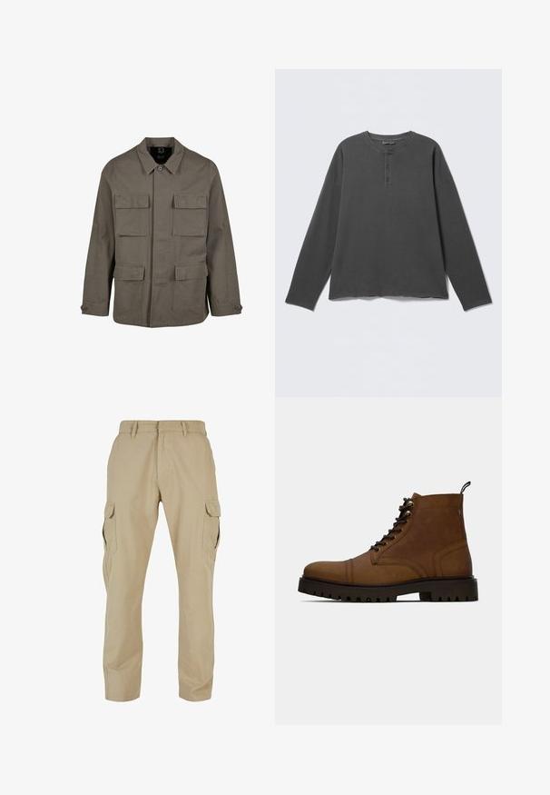 Khaki utilityjack in een katoenmix, met een rechte snit, twee borstzakken en knoopsluitingen op de mouwen. Soepele textuur en een minimalistisch ontwerp.; Donkergrijs henley-shirt met lange mouwen, een ronde halslijn en drie knopen op de voorklep.; Beige cargopants van katoen-twill, met meerdere zijzakken, een recht model en een ritssluiting met beltloops.; Bruine leren veterschoenen tot de enkel met dikke zwarte profielzool en een trekband op een witte achtergrond.
