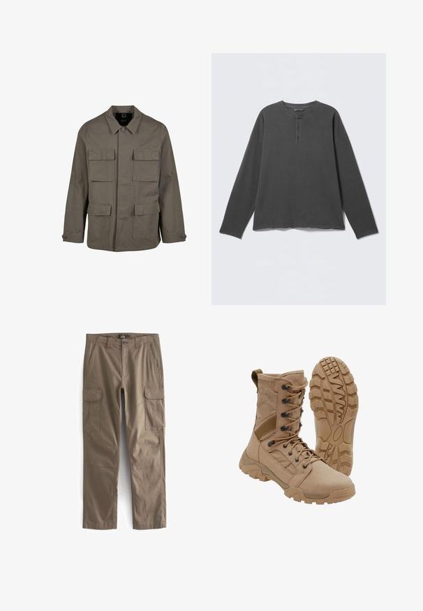 Khaki utiliidisjakker puuvillasegust, sirge lõikega, kahe rinna-tasku ja nööbiga mansettidega. Sile tekstuur ja minimaalne disain.; Tumehallikas pika varrukaga henley-särk, millel on ümar kaelus ja ees kolm nuppu.; Khaki värvi cargo püksid, mis on valmistatud vastupidavast kangast, mitme küljetaskuga, klassikalise lõikega, sirge jala disainiga ja tugevduste õmblustega.; Pruun taktikaline saabas sääreni paeltega kinnituse ja vastupidava kummist tallaga, üks saabas püsti ja teine näitab tallamustri.
