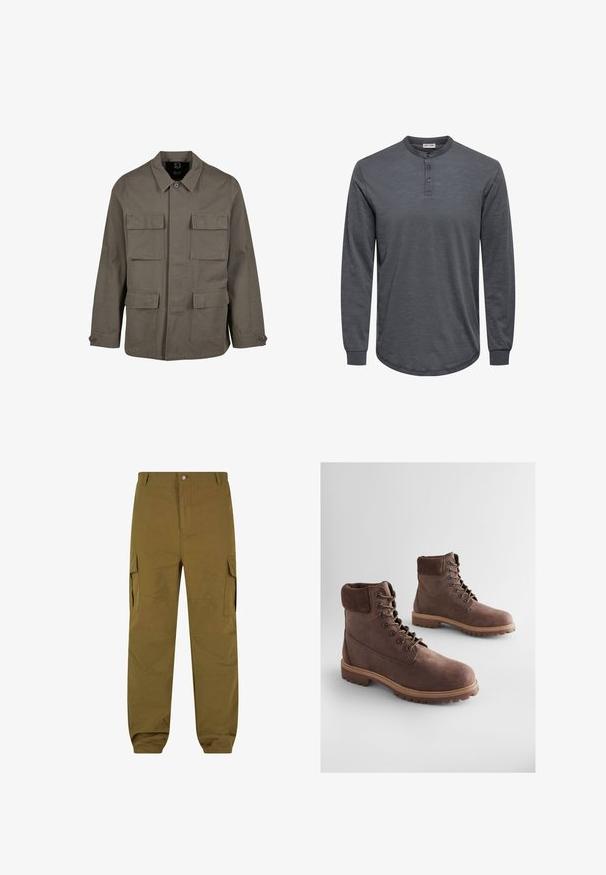 Khaki utiliidisjakker puuvillasegust, sirge lõikega, kahe rinna-tasku ja nööbiga mansettidega. Sile tekstuur ja minimaalne disain.; Pehmeast kangast halli värvi pikkade varrukatega henley-särk, millel on ümar alläär, kolmeklahviline plastron ja soonilised mansetid.; Oliivrohelised cargo püksid lõdva lõikega, küljetaskutega, nööpidega sulgemiseks ja elastsete mansettidega. Valmistatud kergest kangast.; Pruunid nahast pahkluu saapad tekstuurse viimistlusega, polsterdatud kraega, metallist silmuste ja vastupidava kummipõhjaga. Stiilne disain vastupidavuse tagamiseks.