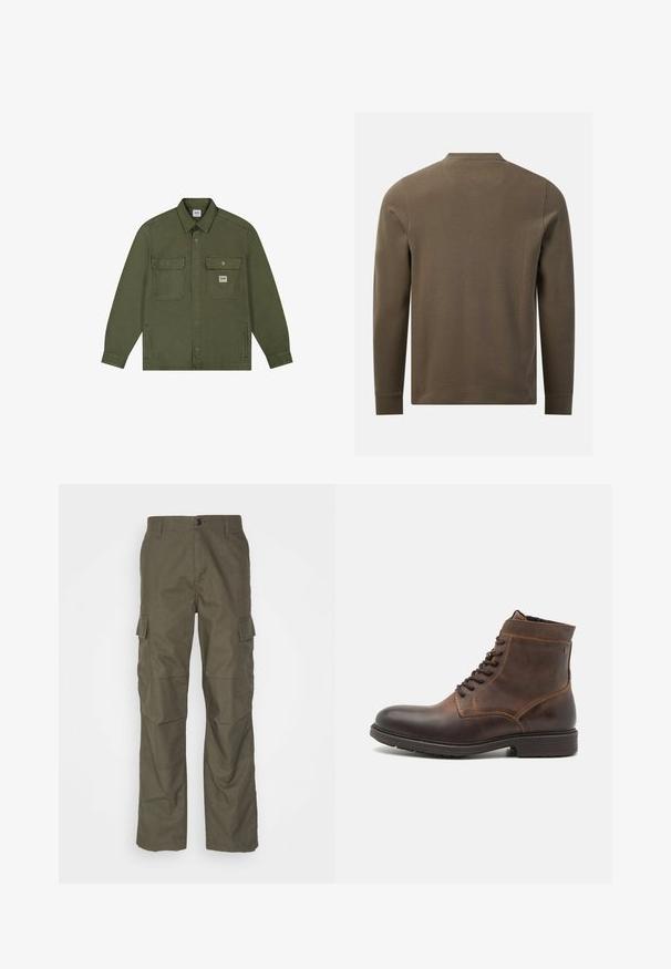 Lee WORKWEAR - Jeansjacke - oak moss; Langärmliges, olivgrünes, strukturiertes Hemd von hinten mit rundem Ausschnitt und schlichten Manschetten vor weißem Hintergrund.; Olivefarbene Cargo-Hose mit geradem Schnitt, aus strukturiertem Stoff. Verfügt über große Seitentaschen und einen Knopfverschluss.; Jack & Jones JFWDELANEY BOOT - Schnürstiefelette - cognac