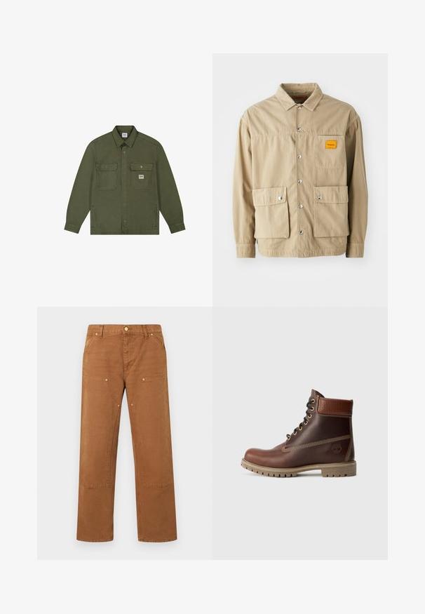 Lee WORKWEAR OVERSHIRT - Veste en jean - oak moss; Replay Inc. SHIRT - Chemise - khaki; Pantalon marron à jambes droites avec poches plaquées à l'avant, détails à rivets, passants pour ceinture et fermeture par bouton à la taille.; Bottine en cuir marron à lacets, avec un col rembourré, des coutures contrastées et une semelle robuste, vue de l'extérieur sur un fond blanc.