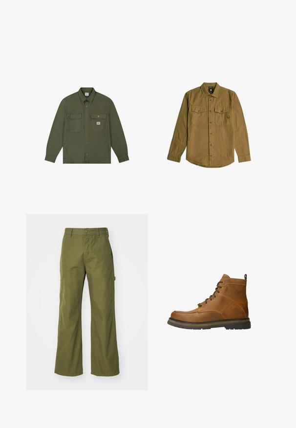 Lee WORKWEAR OVERSHIRT - Spijkerjas - oak moss; Bruine slim fit overhemden met lange mouwen en een knoopsluiting aan de voorkant, twee klepzakken op de borst en een klein merkembleem op de linkerzak.; Olijfgroene wijde broek van duurzaam materiaal, met een knoopsluiting, zijzakken en een rechte zoom.; Bruine leren enkelboot met een ronde neus, vetersluiting en een gestructureerde rubberen zool. Voorzien van een lipje aan de achterkant en zichtbare stikseldetails.