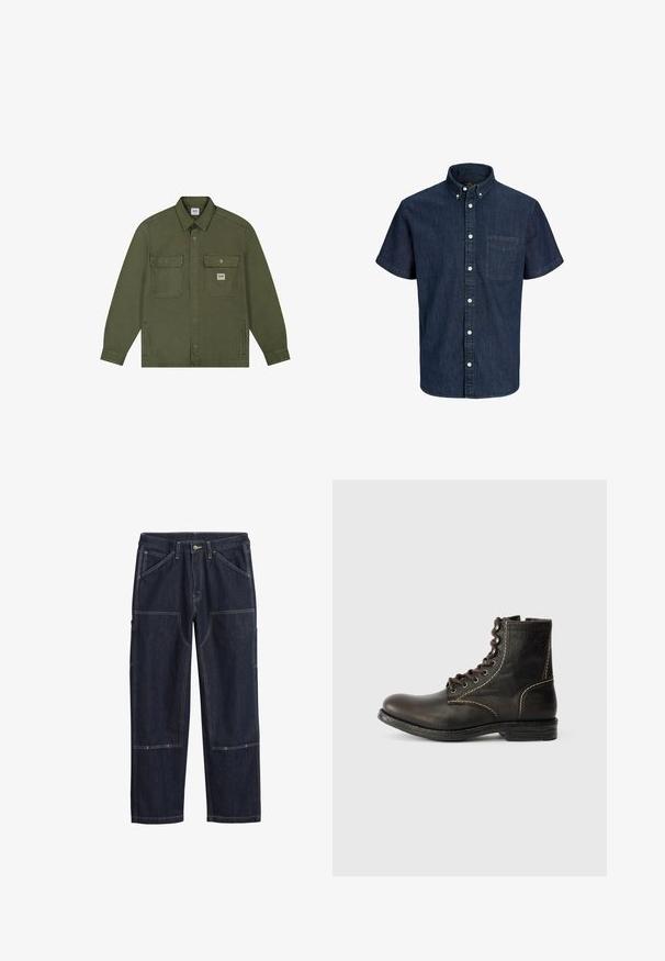 Lee WORKWEAR OVERSHIRT - Jeansjacke - oak moss; Dunkelblaues Jeanshemd mit kurzen Ärmeln, Knopfkragen, Brusttasche vorne und weißen Knöpfen in der Mitte.; Dunkelblaue Denim-Hosen mit doppelt genähten Nähten, vorn Knopf, Gürtelschlaufen und mehreren verstärkten Taschen an den Beinen.; Braune Leder-Ankle-Boots mit runder Zehenform, sieben Ösen-Design, weißen Nähten und strukturiertem Obermaterial. Robuste Gummisohle, klassischer Stil.