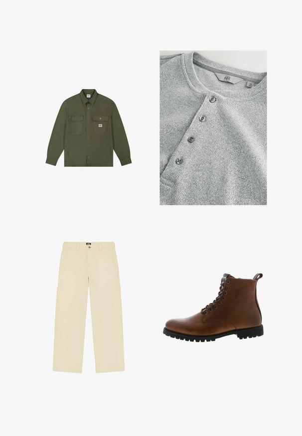Lee WORKWEAR - Spijkerjas - oak moss; Grijze gebreide shirt met lange mouwen en een ronde halslijn, vijf knopen sluiting, ribbelstructuur en een slim fit ontwerp. Label geeft maat M aan.; Kaki rechte werkbroek met riemlussen, voorzakken, zij cargo zak en knoopsluiting in de taille.; Bruine leren enkelbotten met een gestructureerde afwerking, metalen oogjes en een zwarte rubberen profielzool. Voorzien van een trekband aan de achterkant voor gemakkelijke instap.