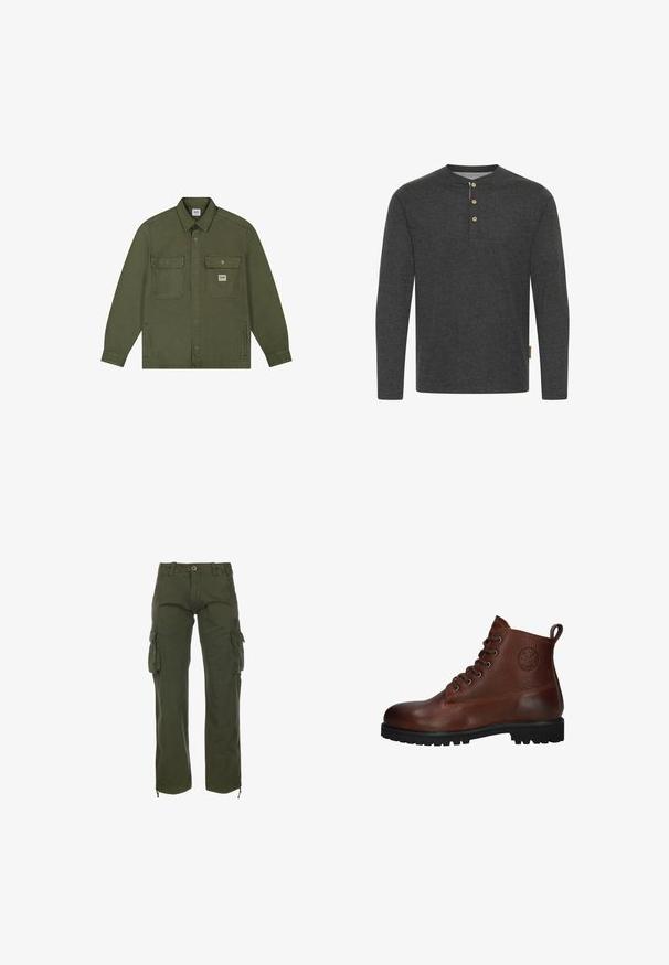 Lee WORKWEAR OVERSHIRT - Veste en jean - oak moss; Chemise à manches longues gris foncé en tissu doux, dotée d'un col henley avec trois boutons en bois et d'une étiquette sur le côté.; Pantalons cargo verts en tissu de coton. Dotés de plusieurs poches latérales, d'une fermeture à bouton et de liens ajustables à la cheville. Style décontracté, coupe ample.; Bottine en cuir marron avec une surface texturée, six œillets, une semelle en caoutchouc noire et une boucle pour un enfilage facile.