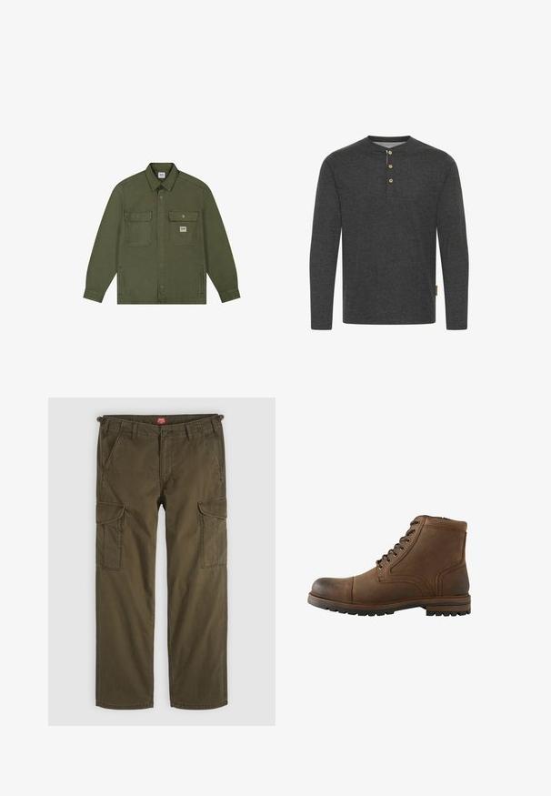 Lee WORKWEAR - Jeansjacke - oak moss; Dunkelgraues Langarmshirt aus weichem Material, mit einem Henley-Ausschnitt und drei Holzknöpfen sowie einem Seitenschild.; Olivegrüne Cargohose mit geradem Bein, seitlichen Klappentaschen, vorne schrägen Taschen, Gürtelschlaufen und Knopfverschluss.; Brauner Leder-Stiefel mit Schnürung vorne und robuster Sohle, geeignet für Freizeit- oder Outdoor-Einsätze.