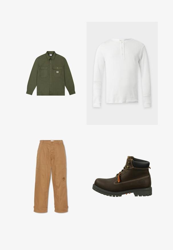 Lee WORKWEAR - Jeansjacke - oak moss; Weißes Thermo-Langarmshirt mit rundem Ausschnitt und Drei-Knopf-Leiste, flach auf hellem Hintergrund präsentiert.; Khakifarbene Arbeitshosen aus strapazierfähigem Stoff, mit mehreren Taschen, einem Knopfverschluss und gesticktem Logo auf dem Oberschenkel.; Dockers by Gerli Schnürstiefelette - schoko