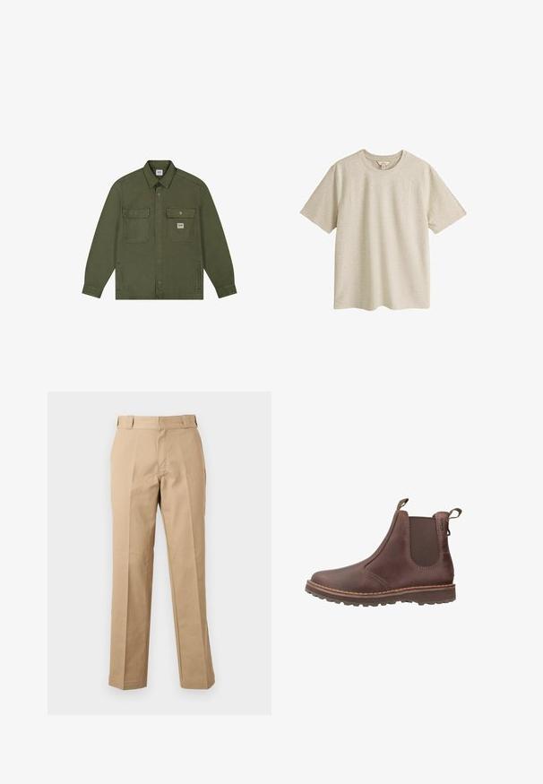 Lee WORKWEAR OVERSHIRT - Veste en jean - oak moss; T-shirt beige à manches courtes et col rond en tissu légèrement texturé, présenté à plat sur fond blanc.; Pantalon beige droit avec passants de ceinture, fermeture éclair à l'avant et plis marqués, présenté sur un fond blanc uni.; Bottine en cuir marron avec des panneaux élastiques sur les côtés, des languettes de tirage, des coutures contrastées et une semelle en caoutchouc robuste pour une meilleure adhérence.