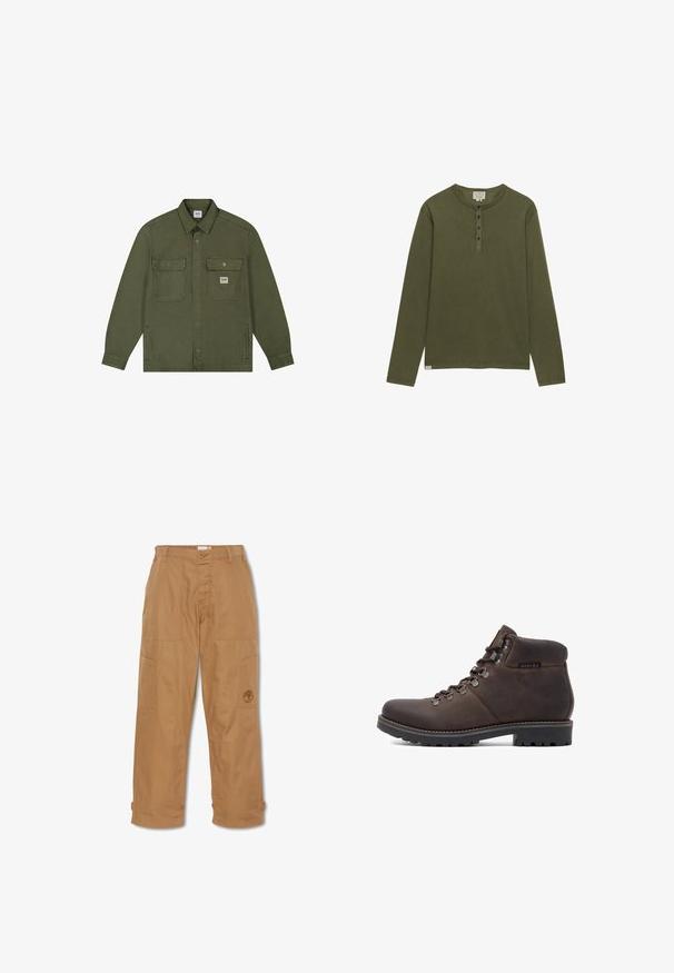 Lee WORKWEAR - Spijkerjas - oak moss; Olijfgroen henley-shirt met lange mouwen, vier zwarte knopen en een ronde hals, weergegeven op een witte achtergrond.; Khaki werkbroek, gemaakt van duurzaam materiaal, heeft meerdere zakken, een knoopsluiting en een geborduurd logo op de dij.; Donkere bruine leren wandelschoen met gevoerde enkel, metalen oogjes, dikke profielzool en Badura merkje aan de zijkant.