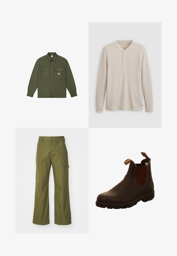 Lee WORKWEAR - Cowboyjakker - oak moss; Langærmet henley-skjorte i lys beige ribbet stof, med V-hals, tre-knap placket og manchetter ved ærmerne. Rød logo-tags ved kanten.; Oliven grønne bukser med bred ben, lavet af slidstærkt stof, med knaplukning, sidelommer og lige kantdesign.; Brune læderankelbukser med elastiske sidepaneler, trækremme og struktureret gummisål. Glat overflade med kontrasterende syninger.