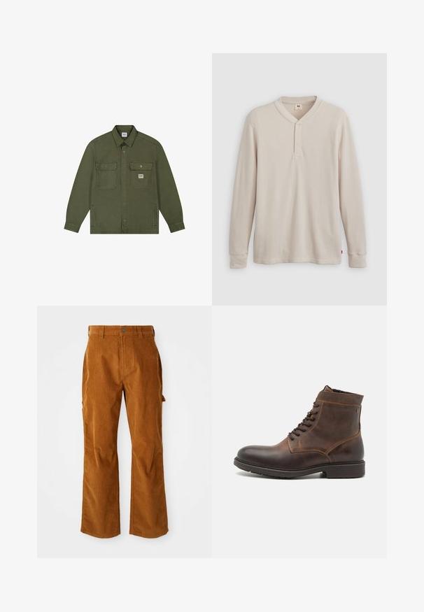 Lee WORKWEAR OVERSHIRT - Veste en jean - oak moss; T-shirt henley à manches longues en tissu côtelé beige clair, avec un col en V, une patte de boutonnage à trois boutons et des manches à poignets. Étiquette logo rouge à l'ourlet.; Pantalons en velours côtelé marron avec une coupe évasée, dotés de poches latérales et d'une fermeture à bouton à l'avant. La texture est douce et côtelée.; Jack & Jones JFWDELANEY BOOT - Bottines à lacets - cognac