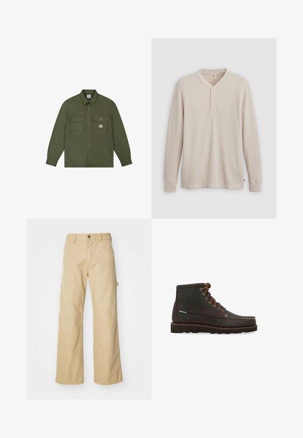 Lee WORKWEAR - Cowboyjakker - oak moss; Langærmet henley-skjorte i lys beige ribbet stof, med V-hals, tre-knap placket og manchetter ved ærmerne. Rød logo-tags ved kanten.; Beige brede cargo bukser med knaplukning, der har sidelommer, lavet af slidstærkt bomuldsstof, glat tekstur og lige skæring.; Sebago Snørestøvletter - marrone