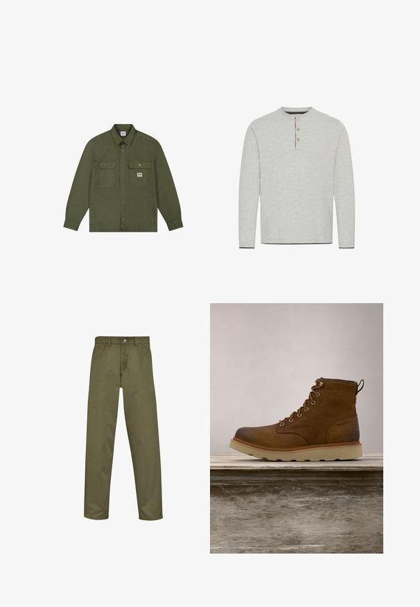 Lee WORKWEAR OVERSHIRT - Jeansjacke - oak moss; Hellgraues Langarmshirt aus weichem Stoff mit einem runden Halsausschnitt und drei Holzknöpfen mit kontrastierendem dunklem Besatz.; Olivengrüne Hosen mit geradem Bein, Fronttaschen, einem Reißverschluss und einem Metallknopfverschluss, aus strapazierfähigem Stoff gefertigt.; Braune wasserdichte Knöchelstiefel aus strukturiertem Leder, mit goldenen Ösen, runder Zehenform und einer leichten, strukturierten Gummisohle.