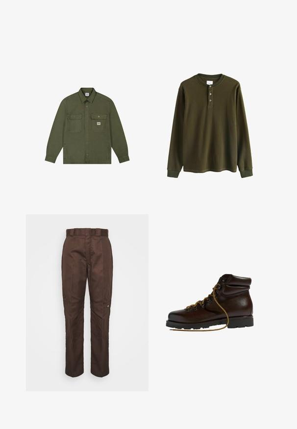 Lee WORKWEAR - Spijkerjas - oak moss; Olijfgroene langemouwen wafelgebreide henleyshirt met geribbelde manchetten en drie knopen bij de kraag.; Bruine, recht lopende broek met een gladde textuur. Heeft een riemlus, zijnaad en een klein merklogo op het linkerbeen.; Bruine leren wandelschoen met een ronde neus, gestructureerd oppervlak, gele veters en metalen oogjes. Heeft een robuuste zwarte rubberen zool.