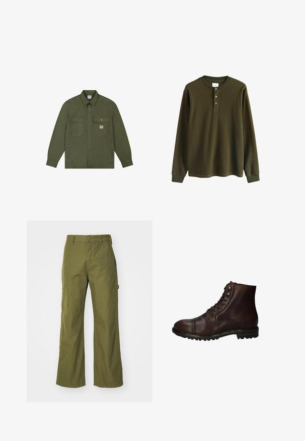 Lee WORKWEAR - Cowboyjakker - oak moss; Langærmet olivengrøn waffle knit henley skjorte med ribbede manchetter og tre knapper ved kraven.; Oliven grønne bukser med bred ben, lavet af slidstærkt stof, med knaplukning, sidelommer og lige kantdesign.; Mørkebrun læder snørebånd ankelstøvle med robuste gummisål og metaløjer, set fra den ydre side.
