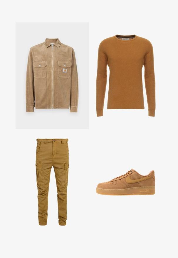 Braune Cordjacke mit einem vorderen Reißverschluss, zwei Brusttaschen und einem kleinen Logolabel. Mit einem klassischen Kragen und gerippter Textur.; Senfgelbes Sweatshirt mit Rundhalsausschnitt, langen Ärmeln und einem strukturierten Strickmuster. Rippbündchen und Saum, aus weichem Stoff gefertigt.; Khaki Cargo-Hosen aus robustem Baumwollmix, mit mehreren seitlichen Taschen, einem Knopfverschluss und einem leicht taillierten Bein Design.; Nike Sportswear AIR FORCE 1 07 - Sneaker low - flax/wheat/light brown/black/team gold