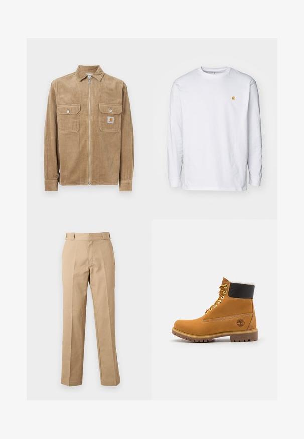 Braune Cordjacke mit einem vorderen Reißverschluss, zwei Brusttaschen und einem kleinen Logolabel. Mit einem klassischen Kragen und gerippter Textur.; Weißes Langarm-T-Shirt aus Baumwolle. Mit kleinem goldenem Logo auf der Brust und Rundhalsausschnitt. Einfaches Design und normale Passform.; Beige gerade Hose mit Gürtelschlaufen, vorderem Reißverschluss und gebügelten Bügelfalten, vor weißem Hintergrund dargestellt.; Braune Leder-Ankle-Boots mit Metallösen, weißem Kunstfellfutter, schwarzem gepolstertem Kragen, robustem Sohlenprofil und geprägtem Logo an der Seite.