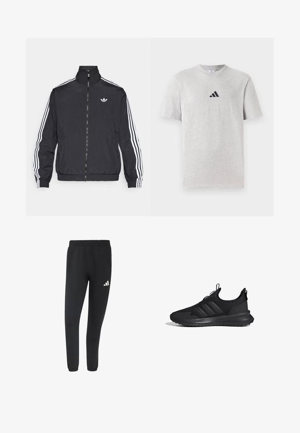 Zwart jack met ritssluiting en hoge kraag, met drie witte strepen langs de mouwen en een klein wit logo op de borst. Gladde stoftextuur.; Grijze katoenen t-shirt met korte mouwen, ronde hals, voorzien van een klein zwart logo met drie strepen op de bovenste linkerborst.; Zwarte atletische joggerbroek met elastische tailleband en boorden, met een klein wit Adidas-logo op de rechterdij.; Zwarte sportieve sneaker met een bovenkant van mesh, drie zijstrepen, een gevoerde zool en trekbanden op de tong en de hiel.