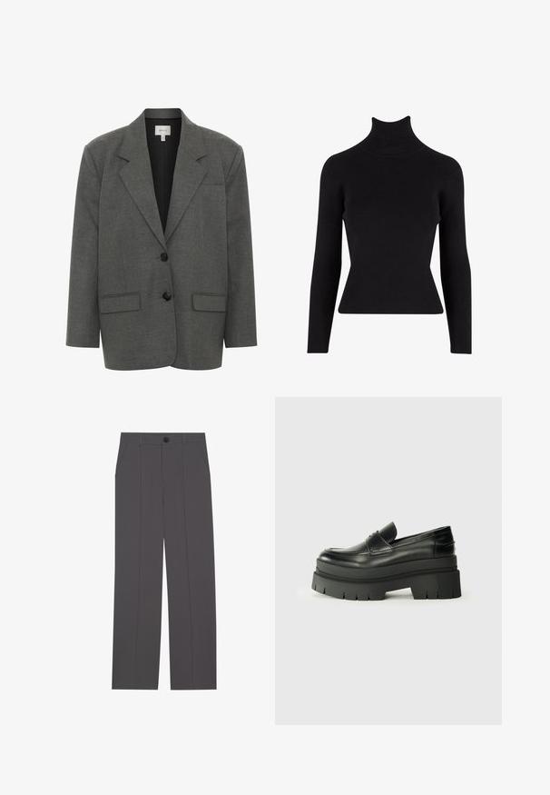 Gestuz PAULA - Blazer - dark grey melange; Schwarzer gerippter Rollkragenpullover mit langen Ärmeln, figurbetonter Silhouette, strukturiertem Stoff und hohem Kragen.; Graue Hose im geraden Schnitt, mit zwei seitlichen Taschen und einem Knopfverschluss. Glattes Material ohne sichtbare Muster oder Akzente.; Schwarze Lederloafer mit einer klobigen Plateausohle. Abgerundete Spitze, Nahtdetail auf der Vorderseite und dezente Nähte. Flache, strukturierte Außensohle.