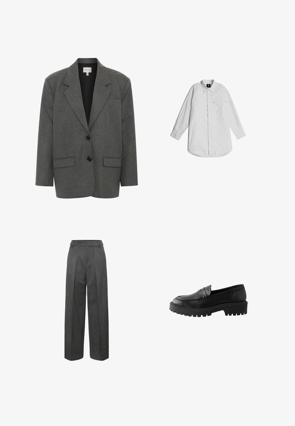 Gestuz PAULA - Blazer - dark grey melange; Witte blouse met lange mouwen van lichtgewicht katoen. Heeft een kraag met knopen, een voorkastje en subtiele stikdetails.; Grijze wijde broek met een op maat gemaakte tailleband, twee voorplooien en een gestructureerde stof voor een klassieke uitstraling.; Zwarte leren instapper met een ronde neus, verhoogde stiknaaddetails en een stevige rubberen zool met diepe profielen voor grip.
