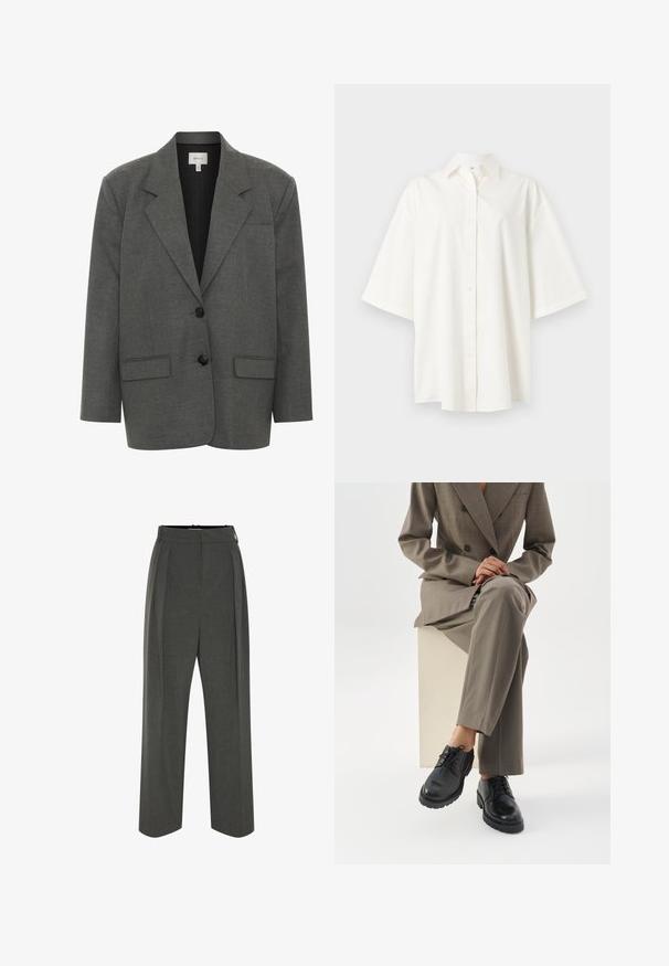 Gestuz PAULA - Blazer - dark grey melange; Weißes kurzärmeliges Hemd mit Knöpfen, Kragen, geradem Saum und legerer Passform auf schlicht hellem Hintergrund.; Graue Hose mit weitem Bein aus strukturiertem Stoff, ausgestattet mit hoher Taille und vorderen Falten. Das Design beinhaltet einen glatten Bund und keine sichtbaren Verschlüsse.; Person trägt einen taupefarbenen Anzug, sitzt mit gekreuzten Beinen auf einem weißen Block und zeigt schwarze Schnürlederschuhe vor weißem Hintergrund.