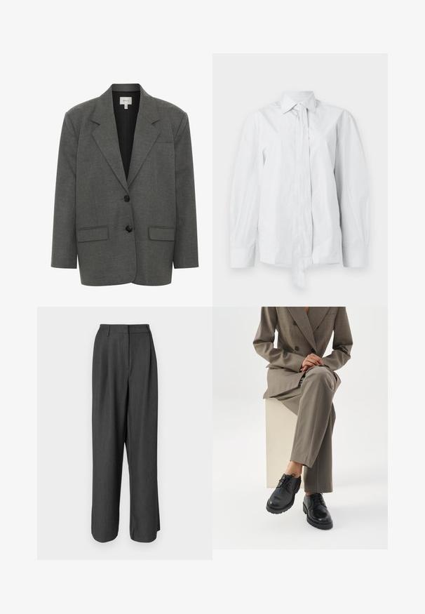 Gestuz PAULA - Blazer - dark grey melange; Weißes Langarmhemd mit klassischem Kragen und verlängertem vorderen Krawattenband. Aus glattem Stoff gefertigt, mit lockerer Passform und ohne Muster.; Dunkelgraue, weit geschnittene Hose mit tailliertem Design. Charakterisiert durch eine glatte Textur, Bügelfalte und einen mittelhohen Bund.; Person trägt einen taupefarbenen Anzug, sitzt mit gekreuzten Beinen auf einem weißen Block und zeigt schwarze Schnürlederschuhe vor weißem Hintergrund.