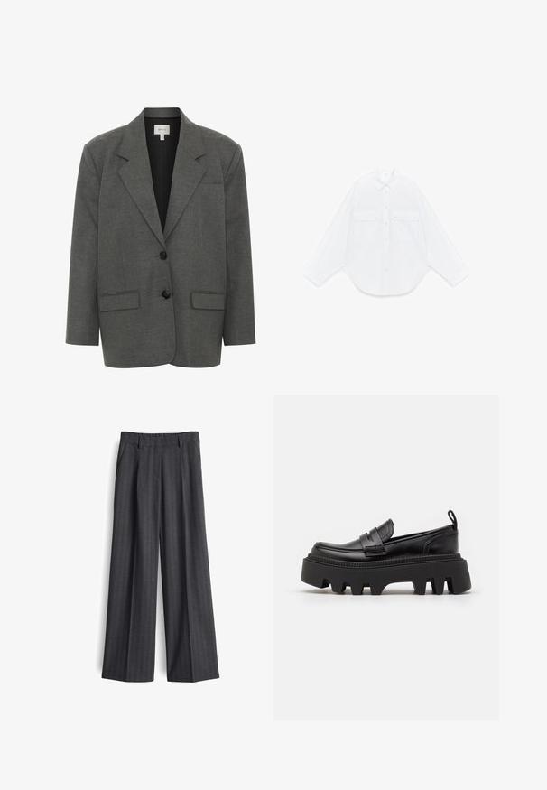 Gestuz PAULA - Blazer - dark grey melange; Wit overhemd met lange mouwen, knopen, een puntige kraag en twee voorzakken met kleppen en knopen, platgelegd op een witte achtergrond.; Donkergrijze broek met wijde pijpen, subtiel krijtstreeppatroon, plooi aan de voorkant, zijzakken en lussen voor een riem.; Zwarte leren instappers met een stevige zwarte rubberen zool, voorzien van antislipgroeven en een decoratieve band aan de voorkant.