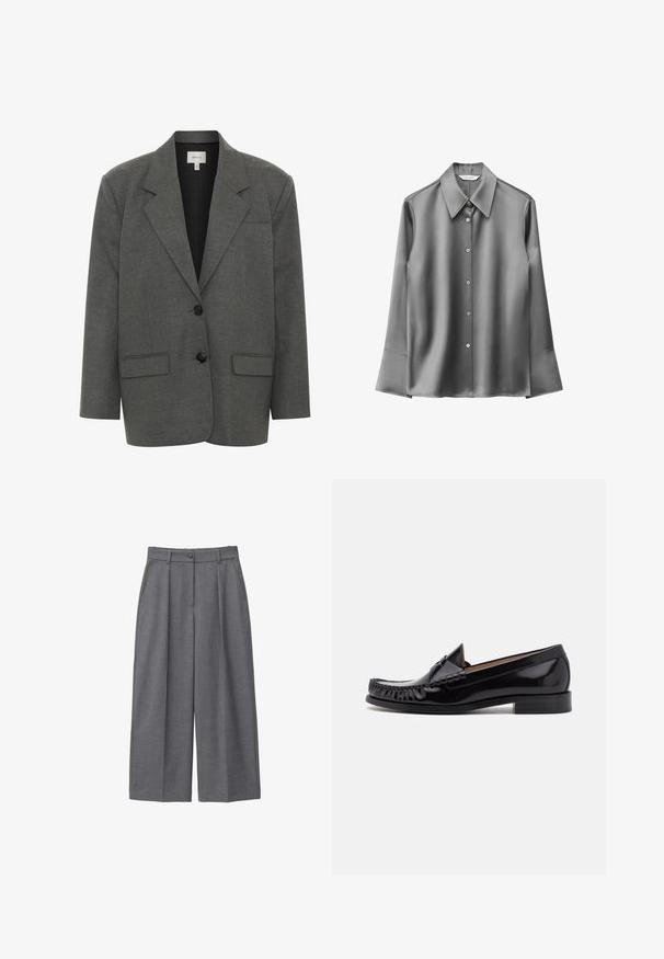 Gestuz PAULA - Blazer - dark grey melange; Grå satinlangærmet skjorte med spids krave, knaplukning og udvidede manchetter. Glat tekstur med en diskret glans.; Grå bredbenede bukser lavet af glat stof, med høj talje, læg, knaplukning og sidelommer. Minimalistisk design.; Sorte læder moccasin sko med en skinnende finish, der har frynsedetaljer langs fronten og en lav stabelhælk.