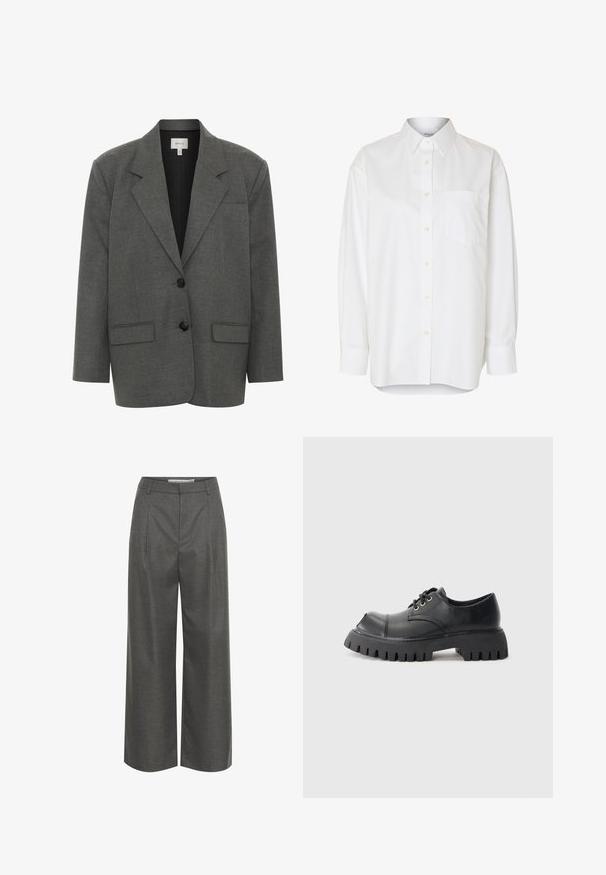 Gestuz PAULA - Blazer - dark grey melange; Weißes Langarmhemd mit Knopfleiste, spitzem Kragen und Brusttasche, vor einfarbigem Hintergrund gezeigt.; Graue weite Hosen aus strukturiertem Stoff, mit hoher Taille und vorderen Falten, ohne sichtbare Taschen oder metallische Details.; Schwarze Schnürschuhe mit runder Zehenform, robuster Gummisohle und großem Profilmuster. Aus glattem Leder mit kontrastierenden Nähten gefertigt.