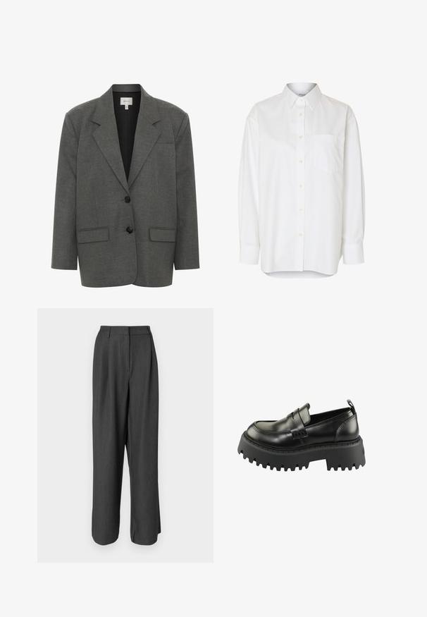 Gestuz PAULA - Blazer - dark grey melange; Hvid langærmet skjorte med knapper, spids krave og brystlomme, vist mod en ensfarvet baggrund.; Mørkegrå, brede bukser med skræddersyet design. Har en glat tekstur, afdeling detaljer og en mellemhøj talje.; Sorte læder loafers med en tyk, struktureret sort gummisål. Har en rund tå og en dekorativ rem på tværs af vamps.
