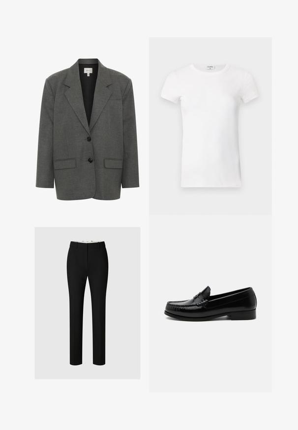 Gestuz PAULA - Blazer - dark grey melange; Weißes geripptes T-Shirt mit kurzen Ärmeln und Rundhalsausschnitt. Der Stoff wirkt glatt und hat eine figurbetonte Silhouette. Markenlabel am Kragen sichtbar.; Schwarze maßgeschneiderte Hosen aus glattem Stoff, mit geradem Beinschnitt, Gürtelschlaufen und minimal sichtbaren Nähten.; Schwarzer Leder-Pennyloafer mit niedrigem Absatz, Moc-Toe-Nähten und klassischem Slip-On-Design auf weißem Hintergrund.