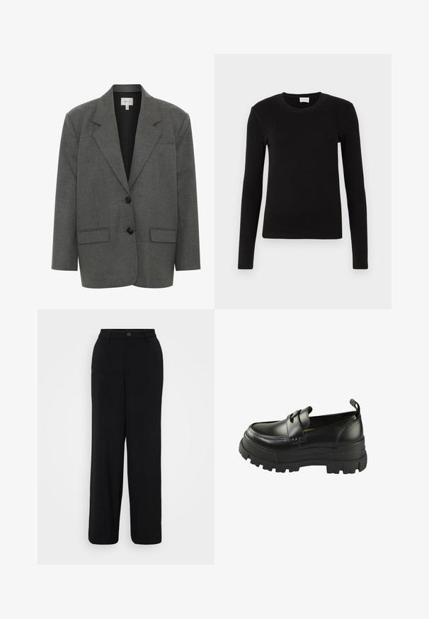 Gestuz PAULA - Blazer - dark grey melange; Schwarzes langärmeliges T-Shirt aus weichem, glattem Stoff. Mit rundem Halsausschnitt und taillierter Form, ohne sichtbare Muster oder Akzente.; Schwarze weit geschnittene Hosen aus einem glatten Stoff. Mit einem Bund und einem Knopfverschluss sowie einer vorderen Bügelfalte.; Schwarze Lederschuhe mit einer dicken, strukturierten Gummisohle, ausgestattet mit einem Slip-On-Design und einem dekorativen Riemen über dem Obermaterial.